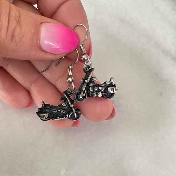 Vintage | 1960s Cast Metal Motorcycle Earrings Silver Tone Black Detailed Rider - Picture 3 of 5